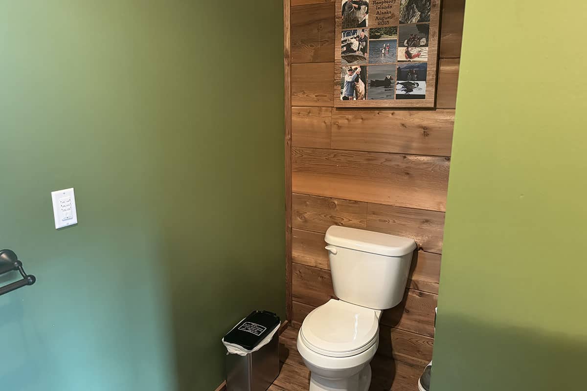 Clean white toilet in a modern bathroom with green and wooden wall decor.