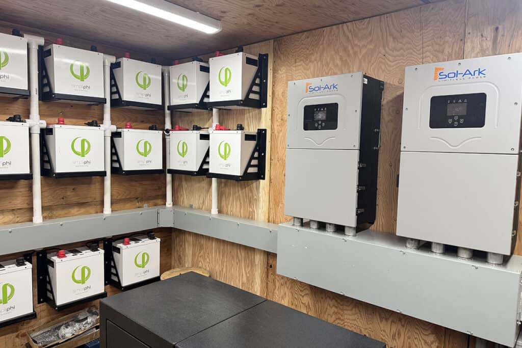 Indoor solar battery storage system with multiple batteries and inverters.