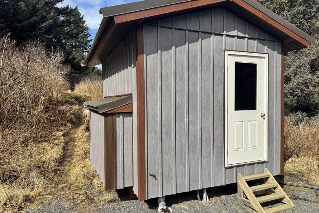 Small gray wooden shed with white door and steps in outdoor setting.